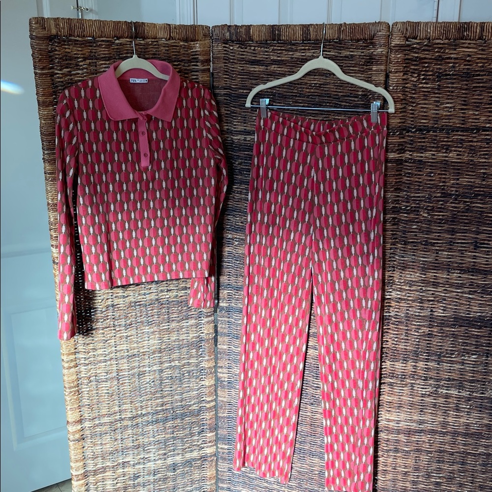 Zara Red and Cream Patterned Women's Pants and Top Set